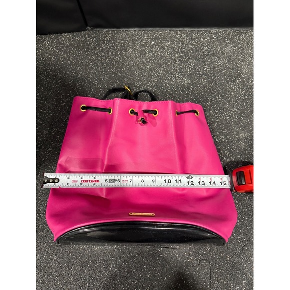 Juicy Couture Hot Pink Faux Leather Drawstring Backpack Bag Shiny Black Trim - Picture 9 of 10